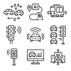Smart City Mobility Icons. Line style icons of smart city mobility: data flow between vehicles, AI-driven route, autonomous