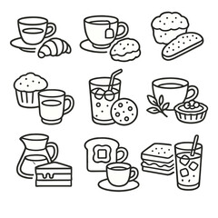 Beverage and Snack Combos. Line style icons of pairing combinations: espresso and croissant, tea and scone, cappuccino with