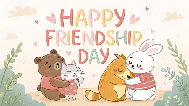Photo of cute cartoon animals celebrate happy friendship day with hugs and love