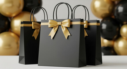 three stylish black shopping bags, each featuring luxurious gold ribbon and bow, are displayed against blurred background of gold and black balloons