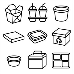 Food Delivery Icons. Line style icons of food delivery containers: takeout box, drink holder, soup container, pizza box, sealed
