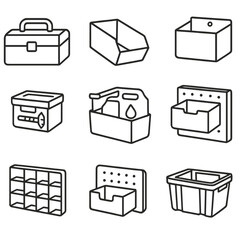 Garage Storage Icons. Line style icons of garage storage containers: tool box, hardware bin, drawer chest, wall-mounted box,