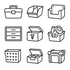 Garage Storage Icons. Line style icons of garage storage containers: tool box, hardware bin, drawer chest, wall-mounted box,
