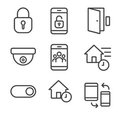 Smart Home Icons. Line style icons of smart home access: smart lock icon, mobile unlock screen, door sensor, entry camera, family