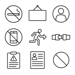 Public Compliance Icons. Line style icons of public compliance signage: “no smoking” sign, restricted area board, authorized