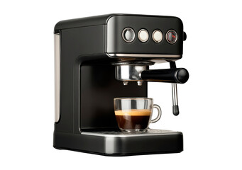 Modern espresso machine with cup of fresh coffee on transparent background, PNG
