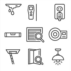 Interior Inspection Icons. Line style icons of interior inspection points: water stains on ceiling, wall moisture meter,