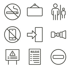 Public Compliance Icons. Line style icons of public compliance signage: “no smoking” sign, restricted area board, authorized