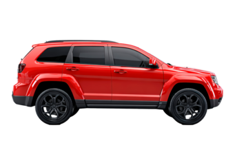 Sleek red suv side view on transparent background, PNG