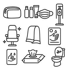 Travel Hygiene Essentials. Line style icons of travel hygiene: hygiene kit bag, travel-size toiletries, disposable face mask,