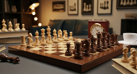 Chessboard with wooden pieces showcases an intense game in a comfortable setting, books and an analog clock add to the atmosphere.