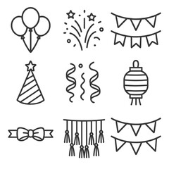Party Decoration Icons. Line style icons of general party decorations: balloons bunch, confetti burst, hanging garlands, party hat
