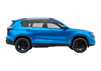 Vibrant blue suv side on transparent background, PNG