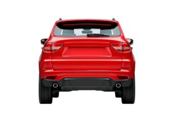 Red sport suv vehicle rear view on transparent background, PNG