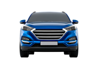 Sleek blue suv front view on transparent background, PNG