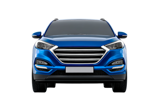 Sleek blue suv front view on transparent background, PNG