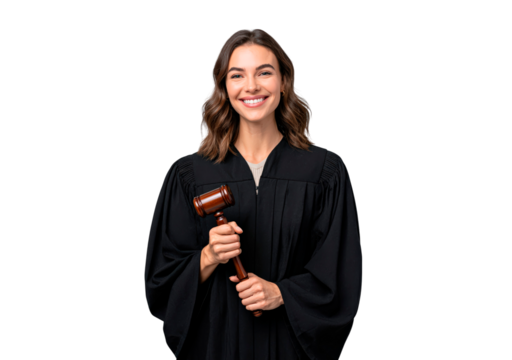 Confident female judge holding a gavel in a judicial robe on transparent background, PNG