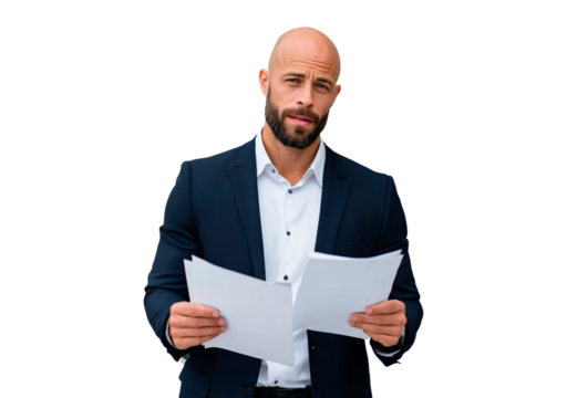 Confident businessman analyzing documents in formal attire on transparent background, PNG - Powered by Adobe