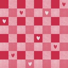 Checkered seamless pattern with hearts in red color