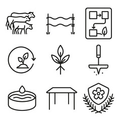 Regenerative Grazing Icons. Outline style icons of Regenerative Grazing: cattle herd, movable fence, grazing plan chart, pasture