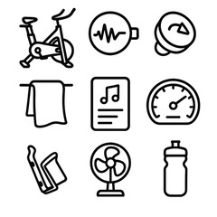 Indoor Cycling Essentials. Outline style icons of Indoor Cycling Workout: stationary bike, cadence meter, resistance knob, heart