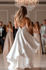 Elegant Bride Twirling in Flowing Wedding Dress at Reception Surrounded by Guests in Soft Lighting and Classy Attire