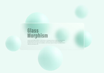 Glass morphism panel with mint green spheres on pastel background
