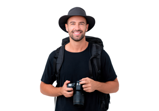 Traveler with camera and backpack ready for adventure and exploration on transparent background, PNG - Powered by Adobe