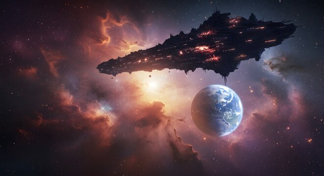 Futuristic Spaceship Exploring Colorful Nebula Near Earth-like Planet in Vast Universe