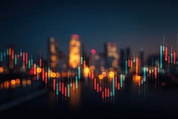 Stock market chart with candlesticks and line graph. Financial data analysis on blurred city background. Investment and trading concept for business strategy and economic growth.
