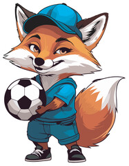A vectorl cartoon fox sticker in a blue baseball cap and t-shirt, holding a soccer ball. Features vibrant orange fur and sporty blue colors, perfect for sports or children's themes.