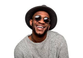 Stylish portrait of smiling man in hat and sunglasses on transparent background, PNG