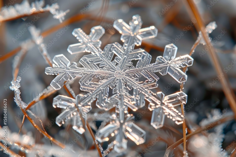 Aufkleber close up macro photograph capturing the delicate beauty of a snowflake resting on frosted branches, 