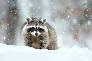 Obraz premium Wild raccoon walking in the snow during a snowfall in winter forest