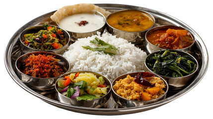 Traditional Indian thali featuring an array of spiced curries, rice, and bread on  wooden tray ,
Palak Paneer, Chiken Tikka, Biryani, Vegetable Curry, Papad, Dal, Palak Sabji, Jira Alu,Rice  Saffron
