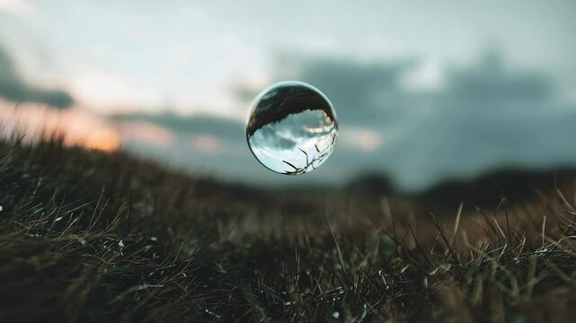 Zoom in to glass sphere rotating over grassy terrain with blurry twilight sky.	