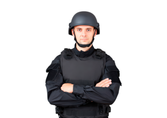 Confident security guard in tactical gear on transparent background, PNG