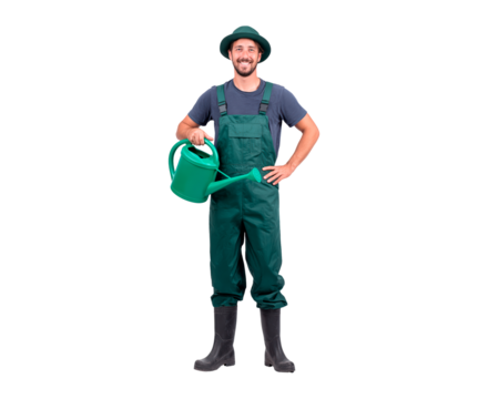 Smiling gardener with watering can in overalls for gardening and landscaping themes on transparent background, PNG