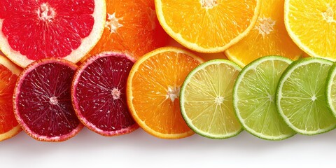 Colorful citrus fruit slices isolated on white background border, top view. Grapefruit, orange, lemon and lime