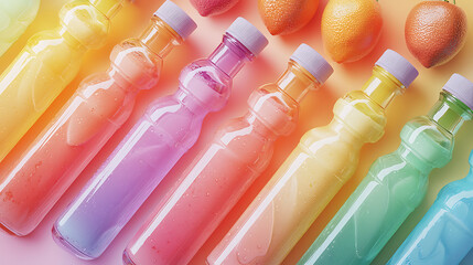 A vibrant high angle composition showcases an array of colorful bottled beverages, arranged diagonally with complementary fresh fruits in the background, exuding a refreshing, playful aesthetic.