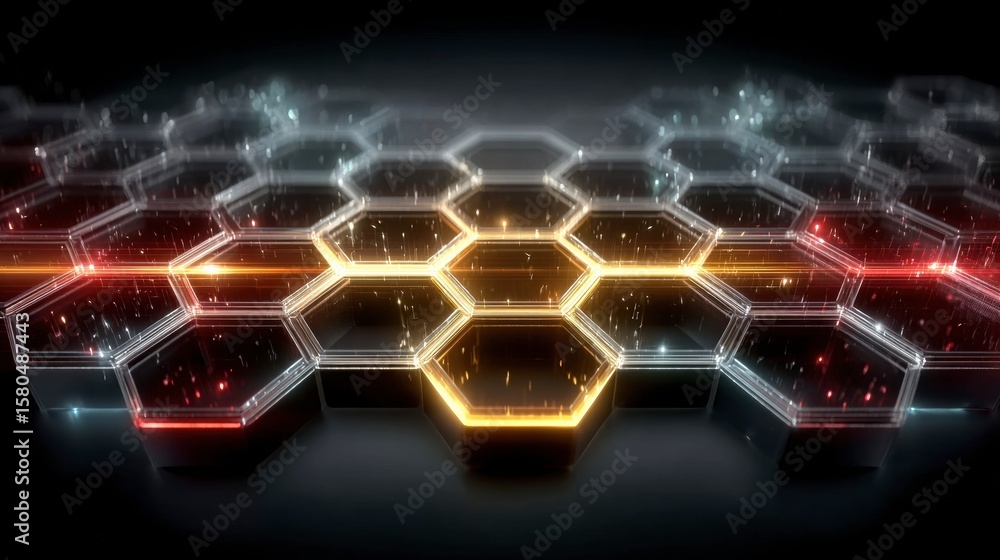 Poster honeycomb abstract: the photograph unveils a futuristic honeycomb design, its hexagonal cells glowin