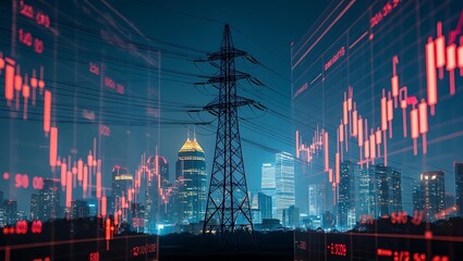 Electricity tower against cityscape with financial charts image