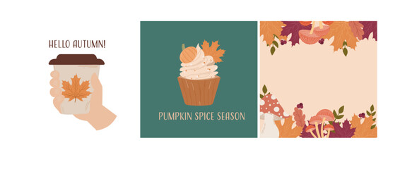 A set of hand-drawn autumn compositions featuring cozy seasonal scenes: hand holding a takeaway coffee cup, cupcake, mushrooms, and leafy decor. Perfect for postcards, packaging, prints, social media 