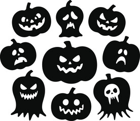 set of Halloween pumpkins. Group of Spooky Pumpkin Silhouettes with Haunted Faces
