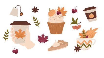 Hand‑drawn autumn clipart set featuring a cozy coffee cup with maple leaf, pumpkin spice latte, seasonal cupcake, mug with foliage, star anise, berries and tea bag. Perfect for fall and Thanksgiving