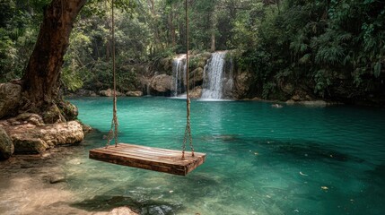 Wooden Swing Hanging Over Turquoise Water Near Lush Waterfall.