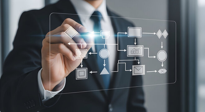 Executive's hand illuminates a dynamic digital flowchart, symbolizing strategic business process innovation.