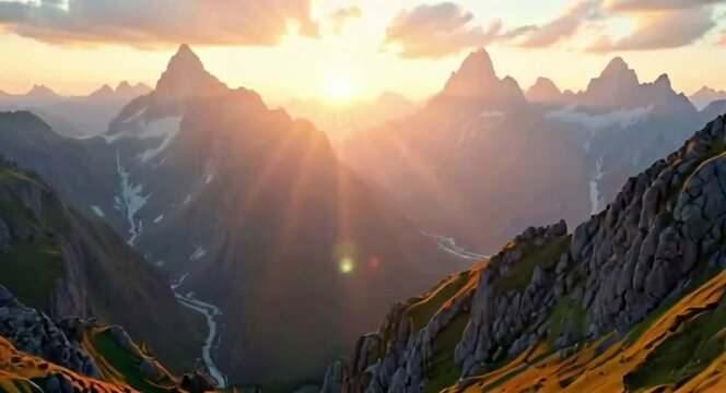 Mountains Landscape at Golden Hour with River and Rocks