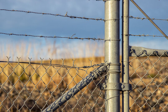Barbed wire and mesh fence and gate