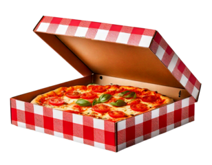 Fresh Margherita pizza with tomatoes and basil sits ready to enjoy in a red and white checke png